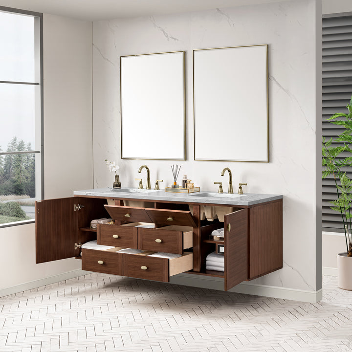 Amberly 72" Double Vanity, Mid-Century Walnut w/ 3 CM Ethereal Noctis Top w/FreePower Wireless Charger