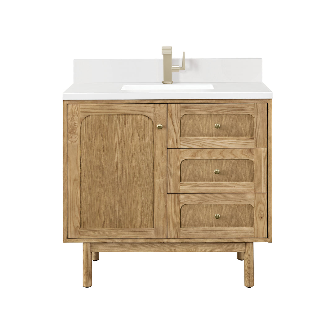 Laurent 36" Single Vanity, Light Natural Oak w/ Single Hole 3 CM White Zeus Top & Backsplash
