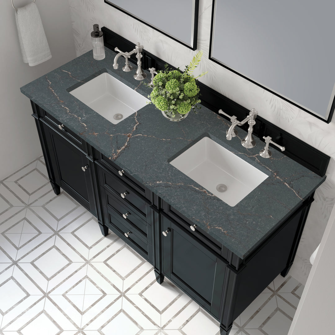 Brittany 60" Double Vanity, Black Onyx w/ 3 CM Parisien Bleu Silestone Top