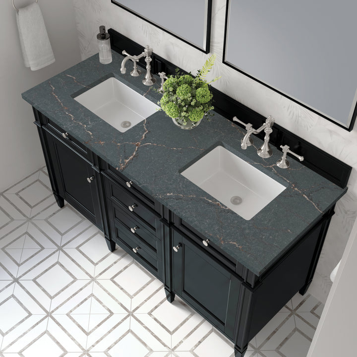 Brittany 60" Double Vanity, Black Onyx w/ 3 CM Parisien Bleu Silestone Top w/FreePower Wireless Charger