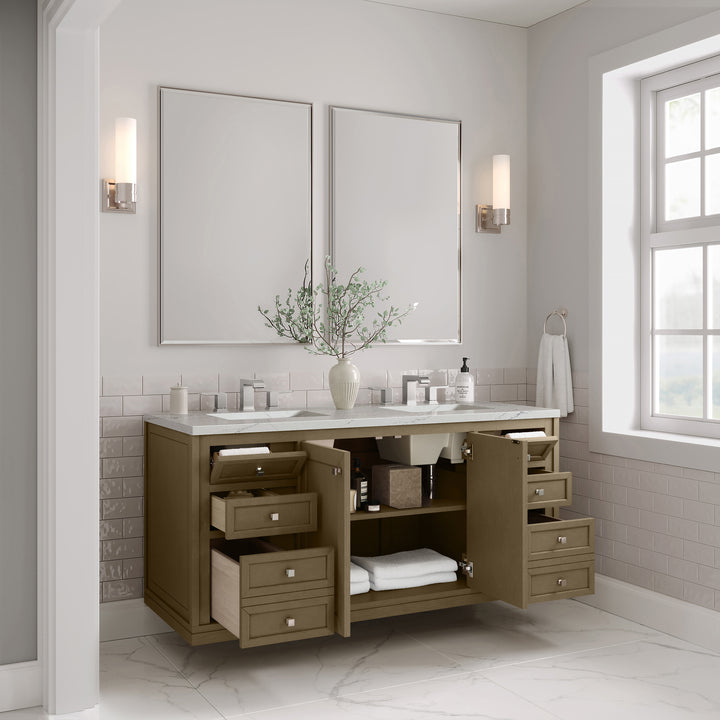 Chicago 60" Double Vanity, Walnut Whisper, w/ 3 CM Ethereal Noctis Silestone® Top w/FreePower Wireless Charger