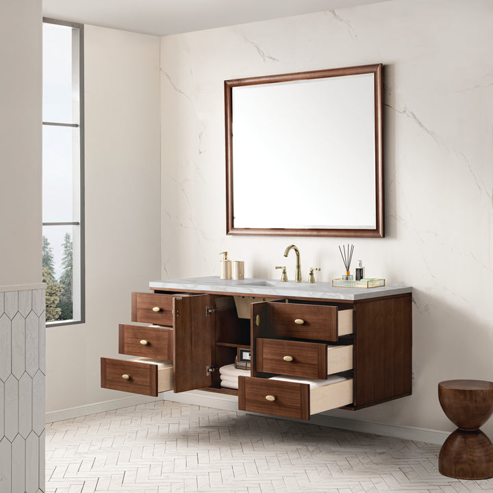 Amberly 60" Single Vanity, Mid-Century Walnut w/ 3 CM Victorian Silver Top w/FreePower Wireless Charger