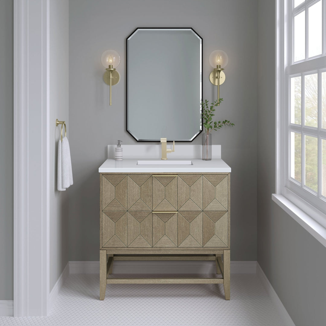 Emmeline 36" Single Vanity, Pebble Oak w/ Single Hole 3 CM White Zeus Top & Backsplash