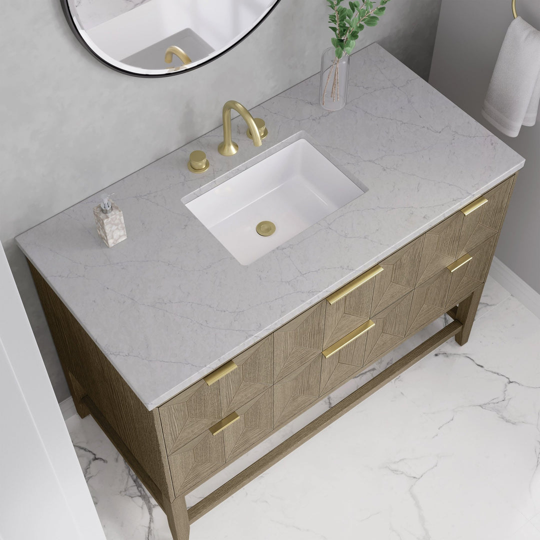 Emmeline 48" Single Vanity, Pebble Oak w/ 3 CM Eternal Jasmine Pearl Silestone Top w/ FreePower Wireless Charger
