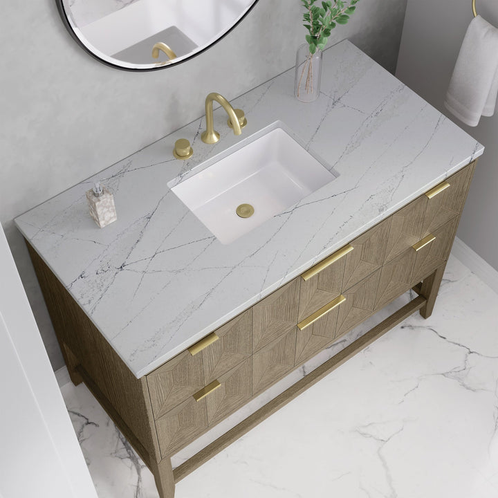 Emmeline 48" Single Vanity, Pebble Oak w/ 3 CM Ethereal Noctis Silestone Top w/ FreePower Wireless Charger