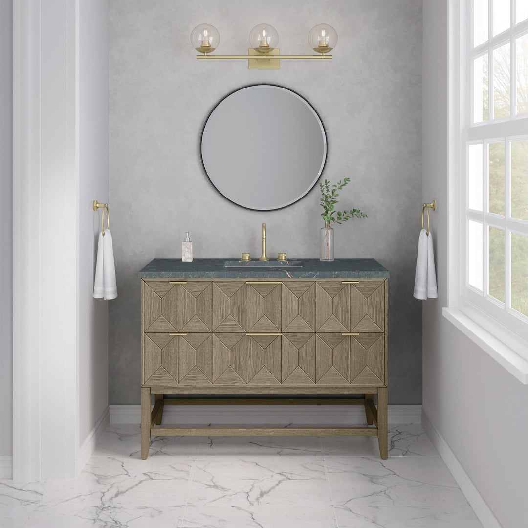 Emmeline 48" Single Vanity, Pebble Oak w/ 3 CM Parisien Bleu Silestone Top w/ FreePower Wireless Charger