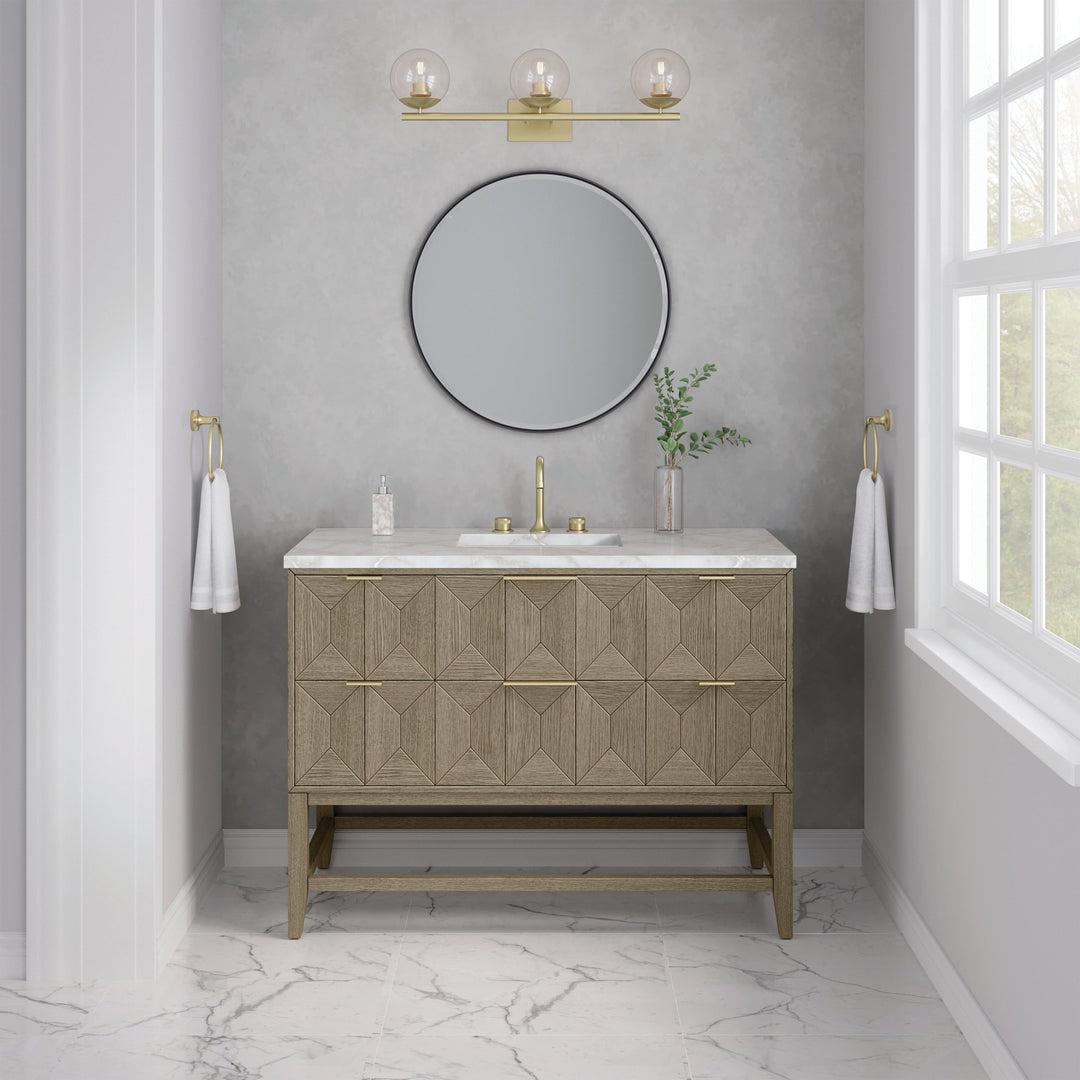 Emmeline 48" Single Vanity, Pebble Oak w/ 3 CM Victorian Silver Silestone Top w/ FreePower Wireless Charger