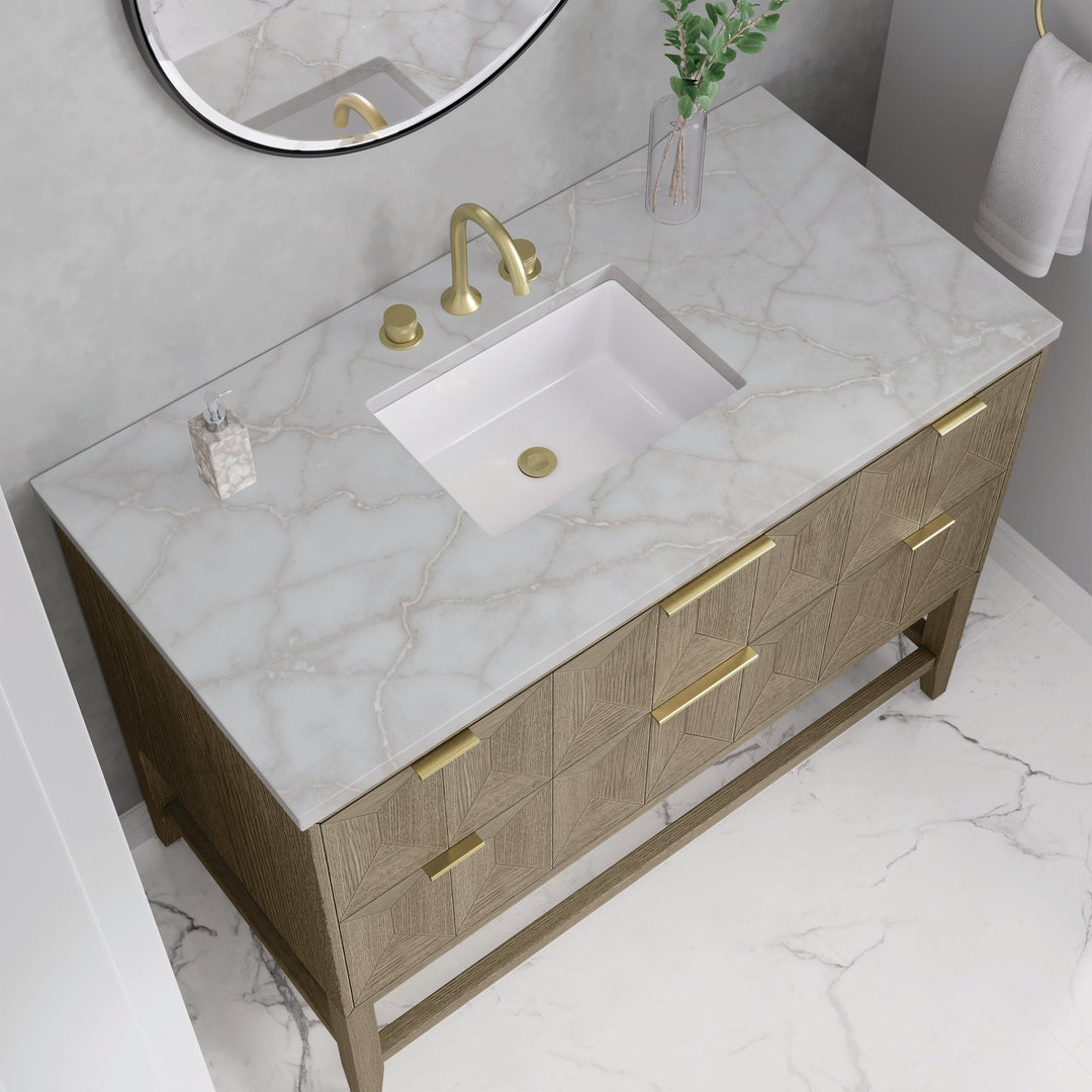 Emmeline 48" Single Vanity, Pebble Oak w/ 3 CM Victorian Silver Silestone Top w/ FreePower Wireless Charger