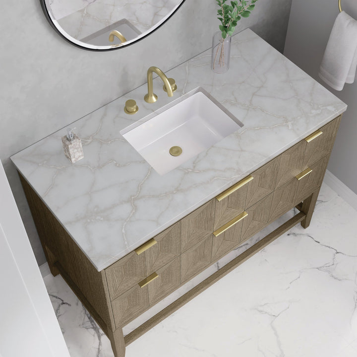Emmeline 48" Single Vanity, Pebble Oak w/ 3 CM Victorian Silver Silestone Top w/ FreePower Wireless Charger