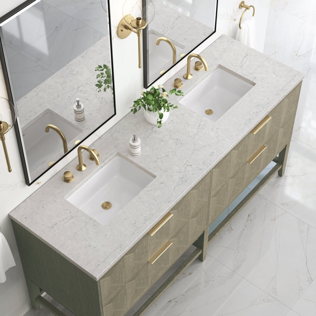 Emmeline 72" Double Vanity, Pebble Oak w/ 3 CM Eternal Jasmine Pearl Top w/FreePower Wireless Charger