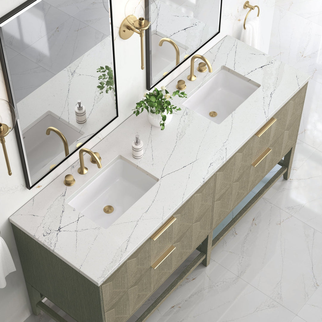 Emmeline 72" Double Vanity, Pebble Oak w/ 3 CM Ethereal Noctis Top w/FreePower Wireless Charger