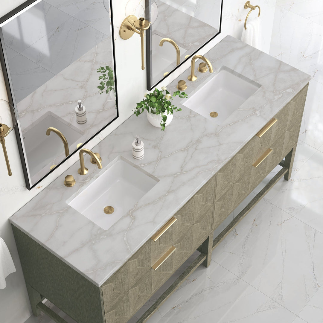 Emmeline 72" Double Vanity, Pebble Oak w/ 3 CM Victorian Silver Top w/FreePower Wireless Charger