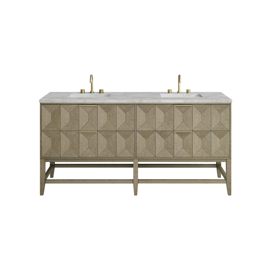 Emmeline 72" Double Vanity, Pebble Oak w/ 3 CM Victorian Silver Top w/FreePower Wireless Charger