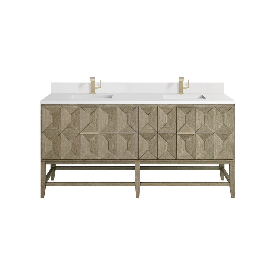 Emmeline 72" Double Vanity, Pebble Oak w/ Single Hole 3 CM White Zeus Top & Backsplash