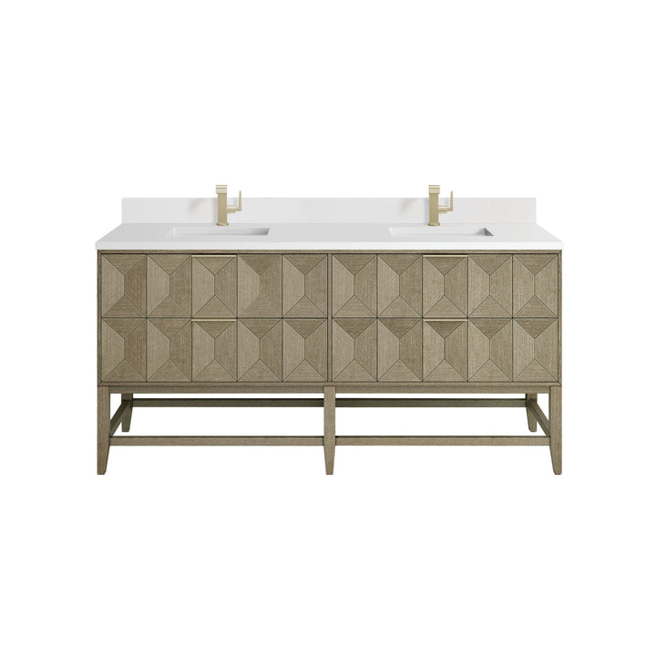 Emmeline 72" Double Vanity, Pebble Oak w/ Single Hole 3 CM White Zeus Top & Backsplash