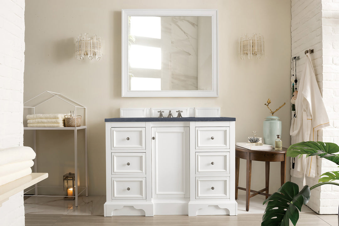 De Soto 48" Single Vanity, Bright White w/ 3 CM Charcoal Soapstone Silestone Top