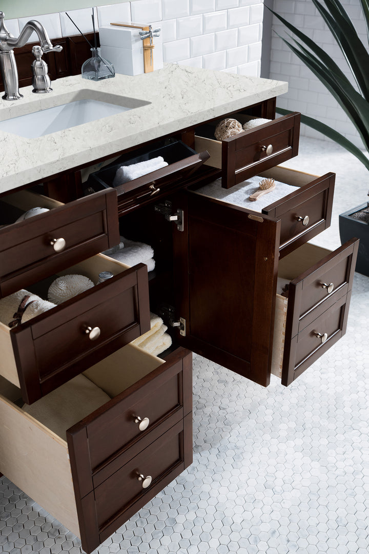 Brittany 48" Single Vanity, Burnished Mahogany w/ 3 CM Eternal Jasmine Pearl Silestone Top