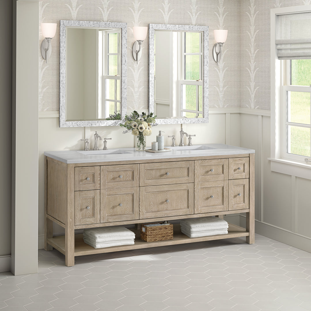 Breckenridge 72" Double Vanity, Whitewashed Oak w/ 3 CM Arctic Fall Solid Surface Top