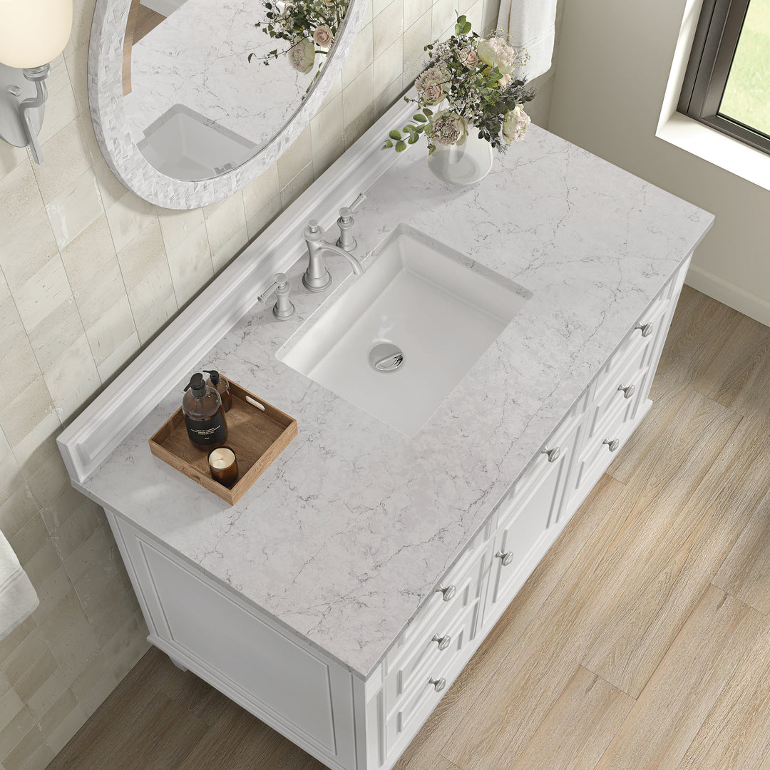 Lorelai 48" Single Vanity, Bright White w/ 3 CM Eternal Jasmine Pearl Silestone Top w/FreePower Wireless Charger