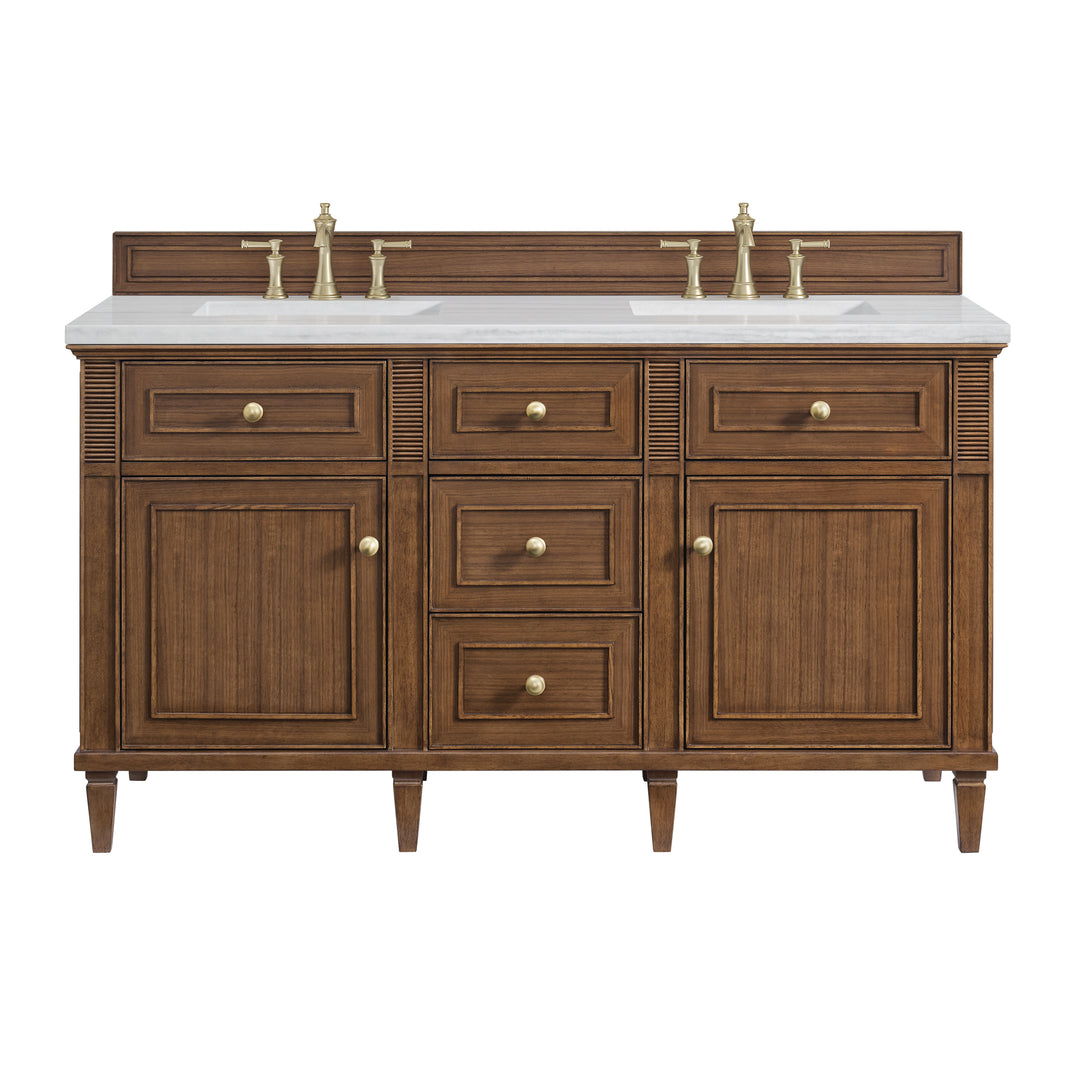 Lorelai 60" Double Vanity, Mid-Century Walnut w/ 3 CM Arctic Fall Solid Surface Top