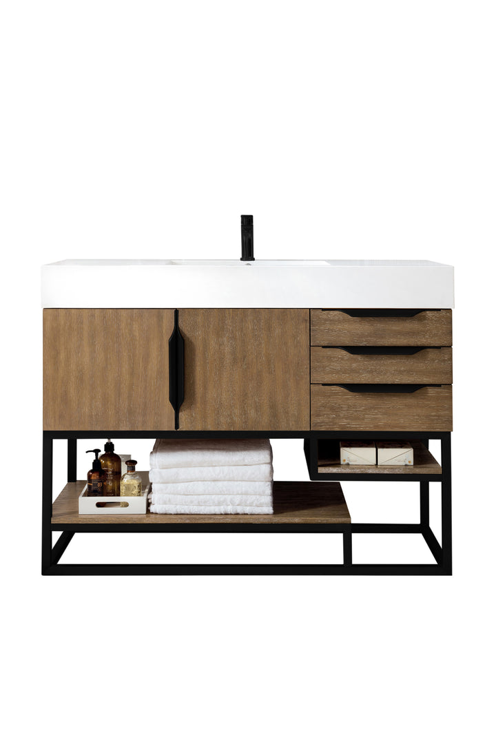 Columbia 48" Single Vanity, Latte Oak, Matte Black w/ Glossy White Composite Stone Top