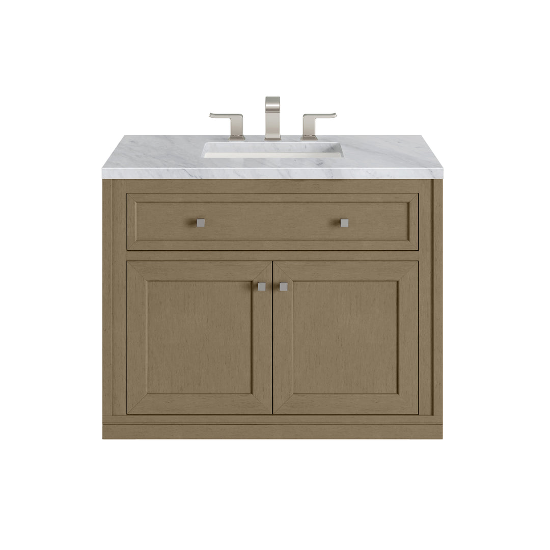 Chicago 36" Single Vanity, Walnut Whisper, w/ 3 CM Carrara Marble Top