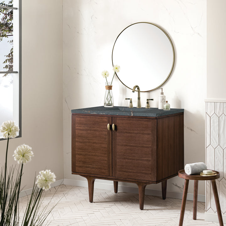 Amberly 36" Single Vanity, Mid-Century Walnut w/ 3 CM Parisien Bleu Top