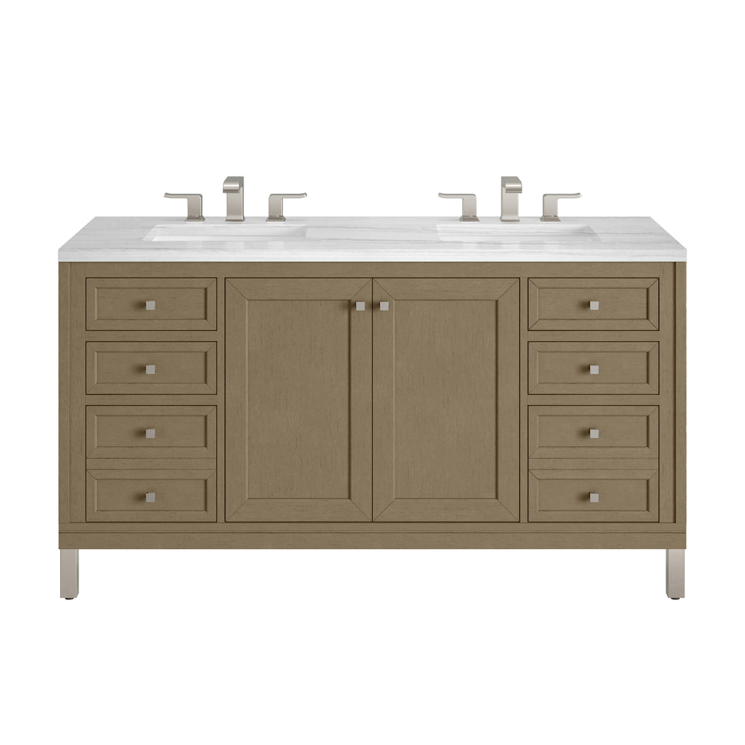 Chicago 60" Double Vanity, Walnut Whisper, w/ 3 CM Arctic Fall Solid Surface Top