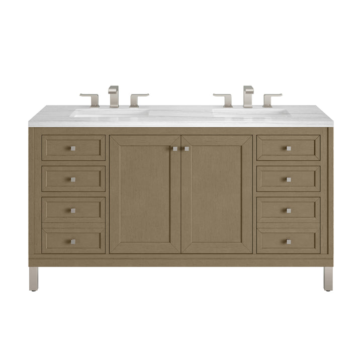 Chicago 60" Double Vanity, Walnut Whisper, w/ 3 CM Arctic Fall Solid Surface Top