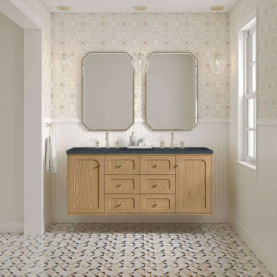 Laurent 60" Double Vanity, Light Natural Oak, w/ 3 CM Charcoal Soapstone Quartz Top