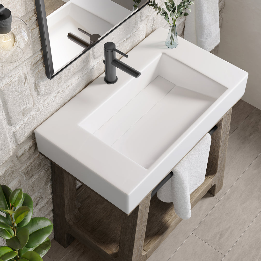 Auburn 31.5" Single Sink Console, Weathered Timber w/ Glossy White Mineral Composite Stone Top