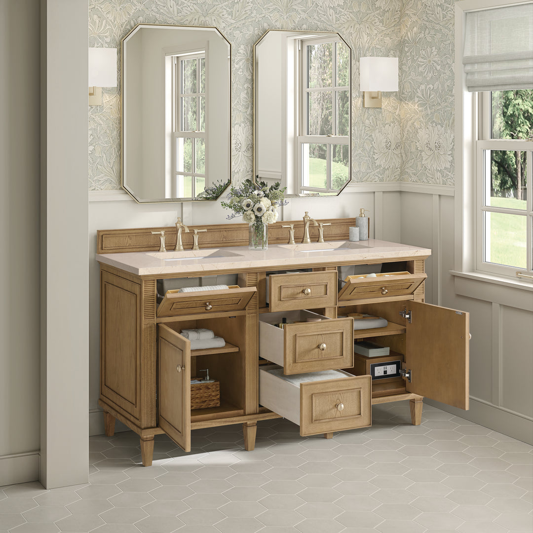 Lorelai 60" Double Vanity, Light Natural Oak w/ 3 CM Eternal Marfil Silestone Top