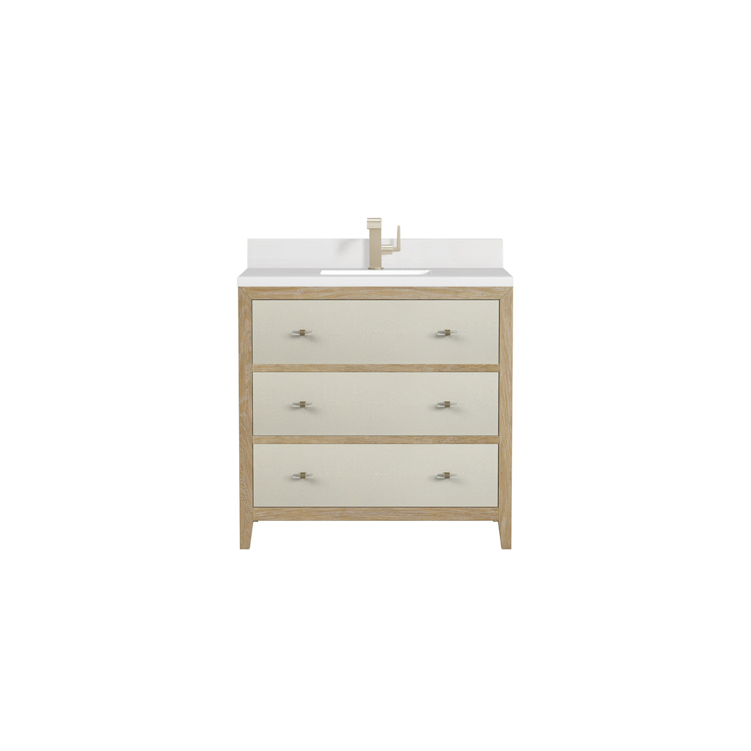 Celeste 36" Single Vanity, Sunwashed Oak with Embossed Shagreen w/ Single Hole 3 CM White Zeus Silestone Top & Backsplash