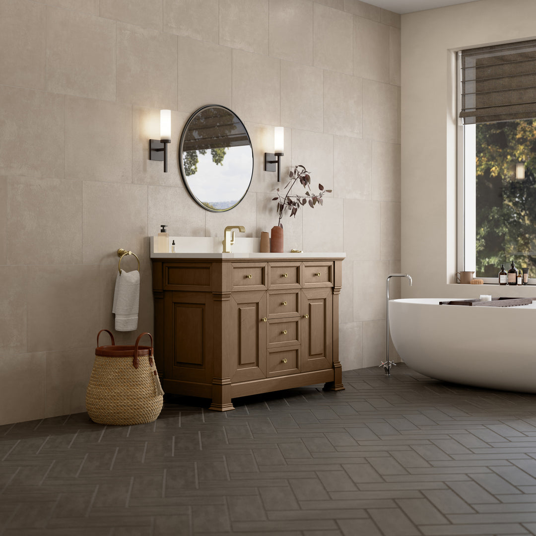 Brookfield 48" Single Vanity, Pecan w/ Single Hole 3CM White Zeus Silestone®  Top & Backsplash