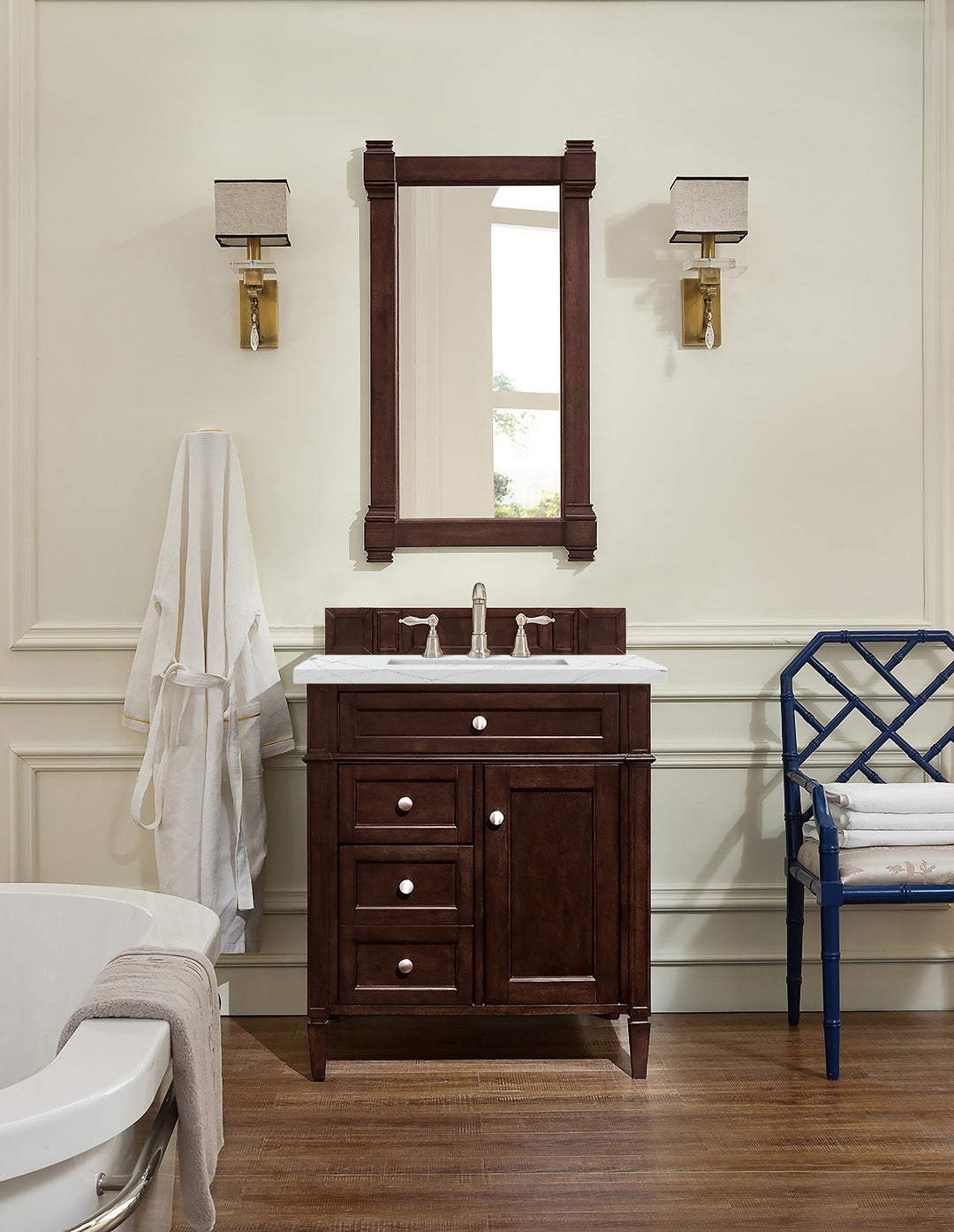 Brittany 30" Single Vanity, Burnished Mahogany, w/ 3 CM Ethereal Noctis Silestone Top