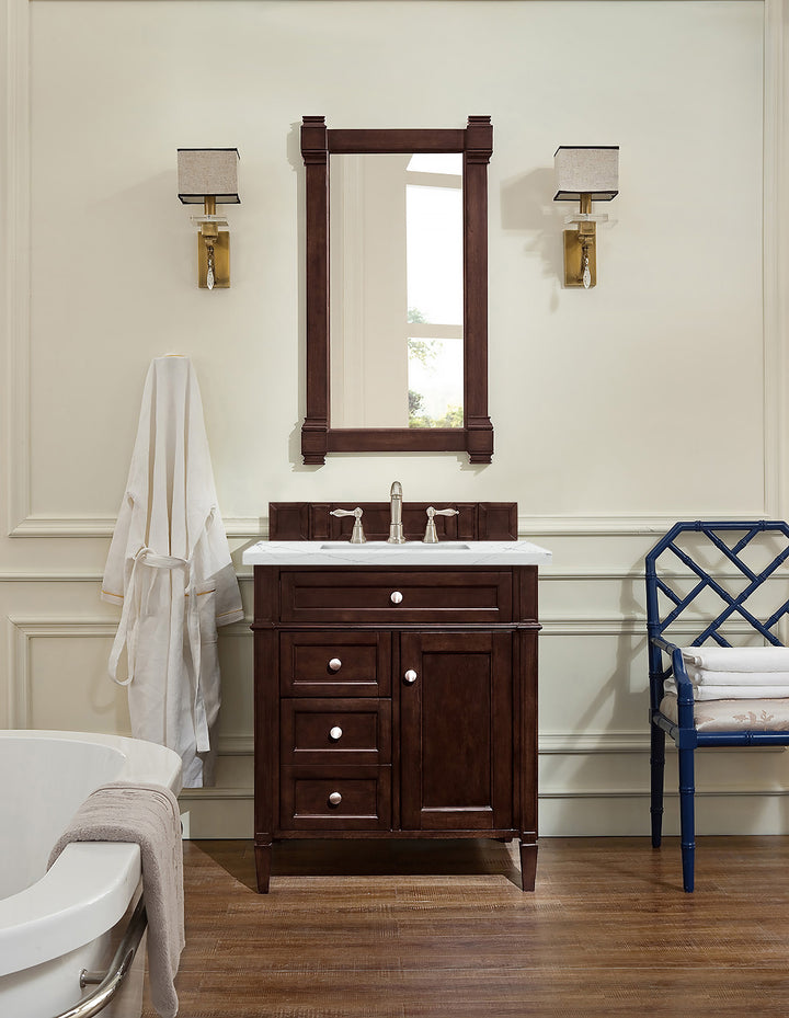 Brittany 30" Single Vanity, Burnished Mahogany, w/ 3 CM Ethereal Noctis Silestone Top