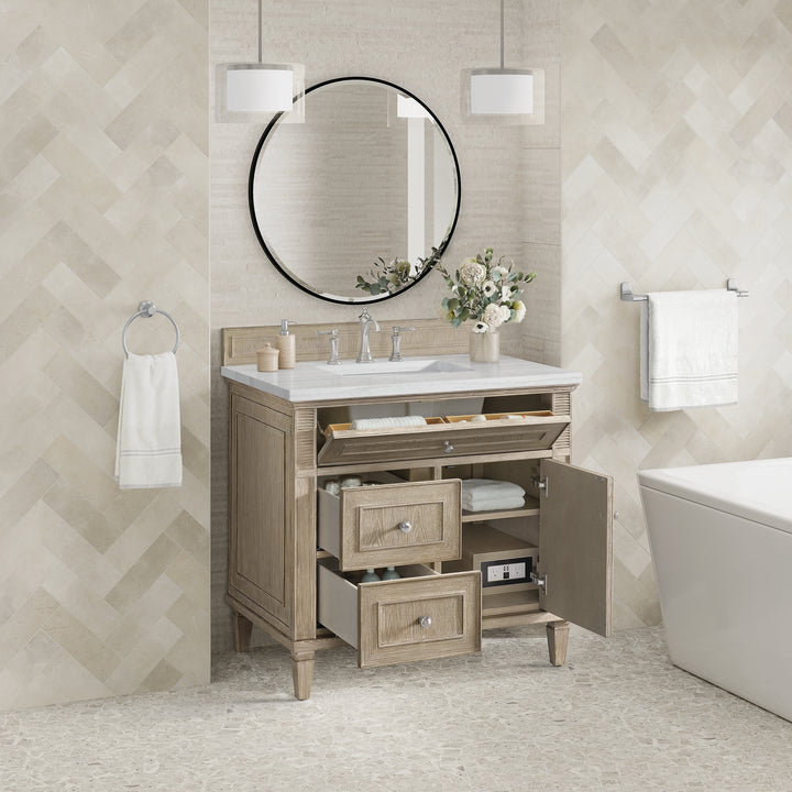 Lorelai 36" Single Vanity, Whitewashed Oak w/ 3 CM Arctic Fall Solid Surface Top