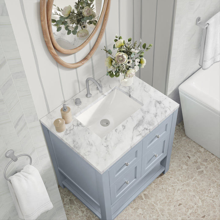Breckenridge 30" Single Vanity, Serenity Blue, w/ 3 CM Carrara Marble Top