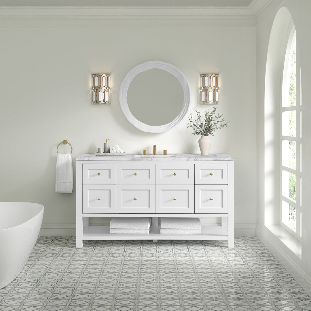 Breckenridge 60" Single Vanity, Bright White, w/ 3 CM Carrara Marble Top