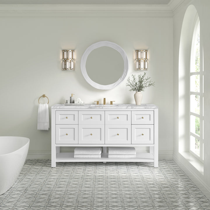 Breckenridge 60" Single Vanity, Bright White, w/ 3 CM Carrara Marble Top