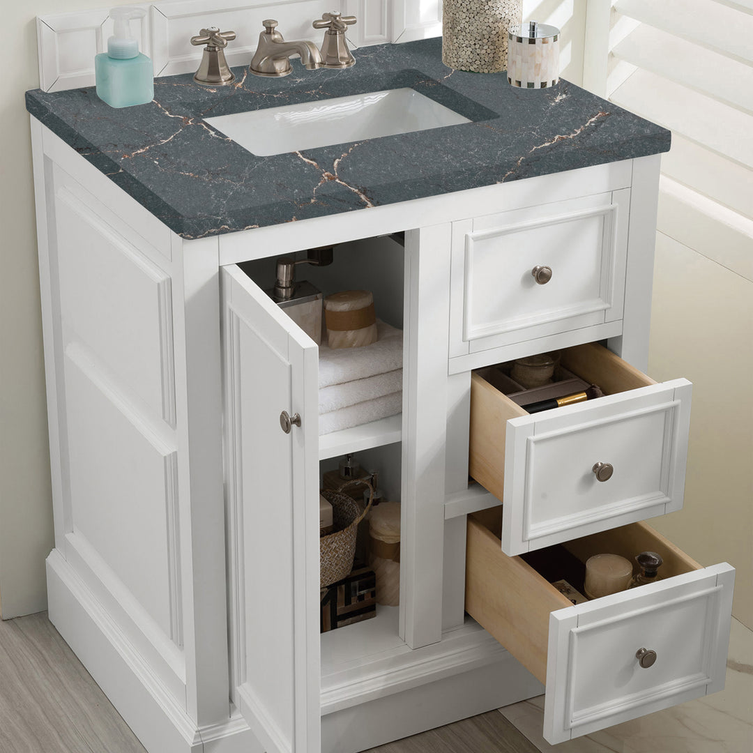 De Soto 30" Single Vanity, Bright White w/ 3 CM Parisien Bleu Silestone Top