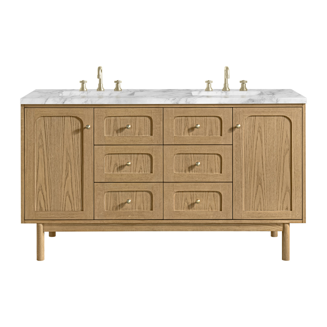 Laurent 60" Double Vanity, Light Natural Oak, w/ 3 CM Carrara Marble Top
