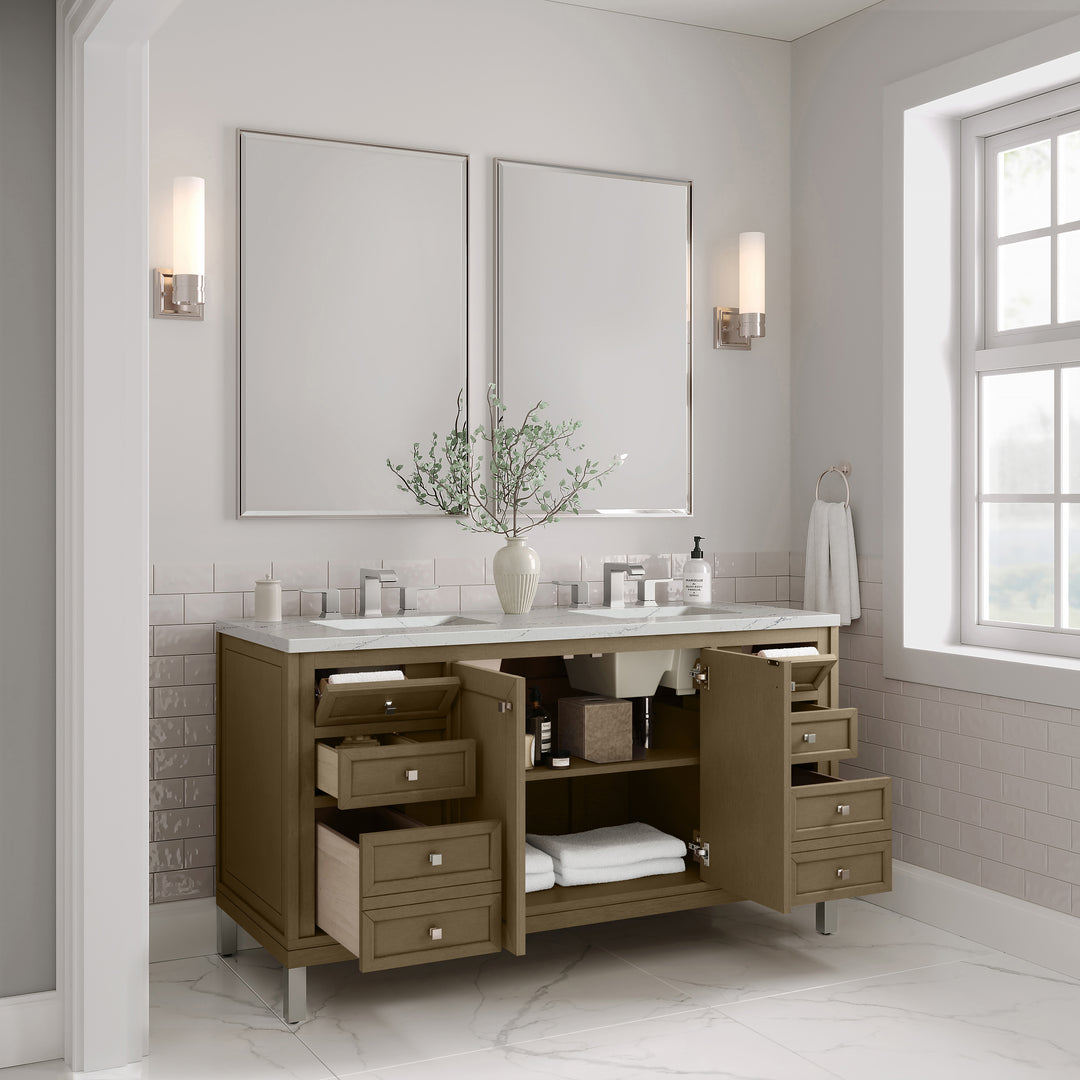 Chicago 60" Double Vanity, Walnut Whisper, w/ 3 CM Ethereal Noctis Silestone® Top