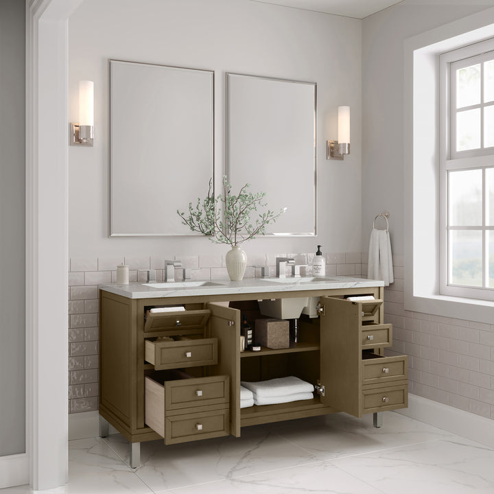 Chicago 60" Double Vanity, Walnut Whisper, w/ 3 CM Ethereal Noctis Silestone® Top