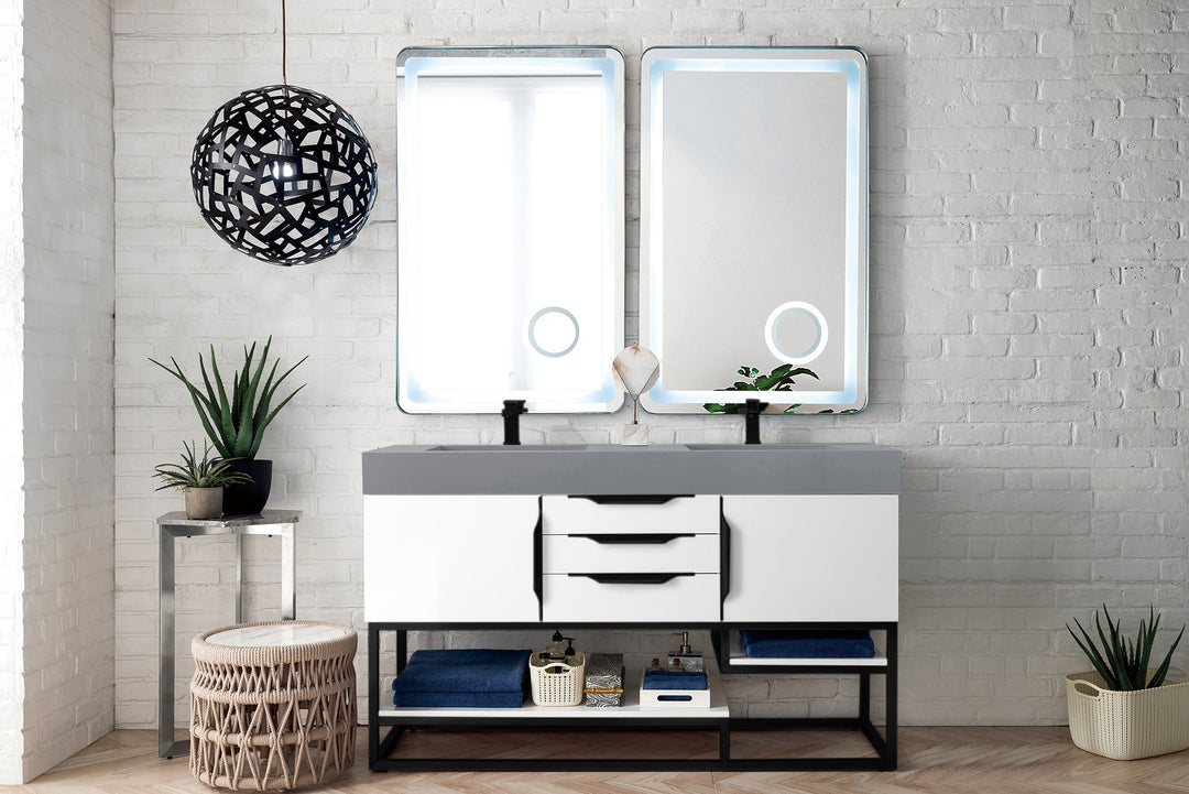 Columbia 59" Double Vanity, Glossy White, Matte Black w/ Dusk Grey Glossy Composite Stone Top