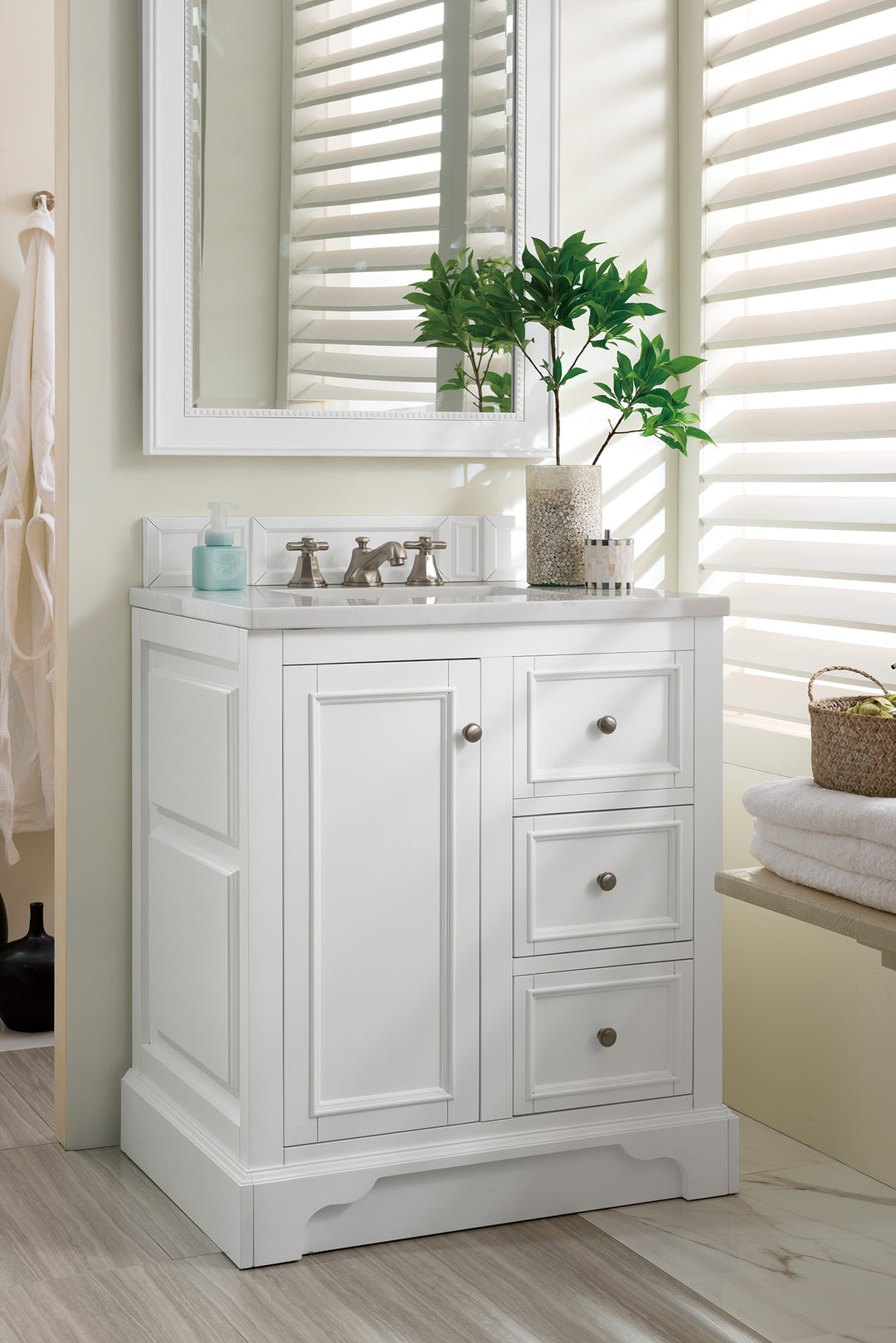 De Soto 30" Single Vanity, Bright White w/ 3 CM Arctic Fall Solid Surface Top