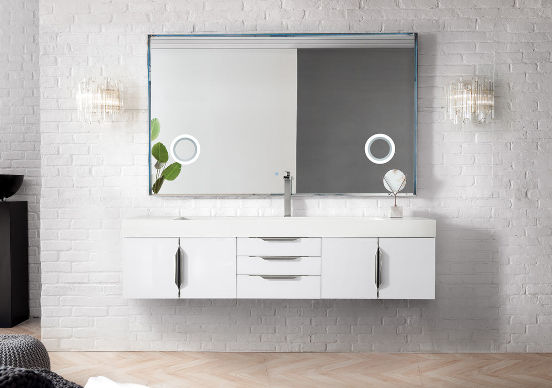 Columbia 72" Single Wall Mount Vanity, Glossy White, Brushed Nickel w/ Glossy White Composite Stone Top
