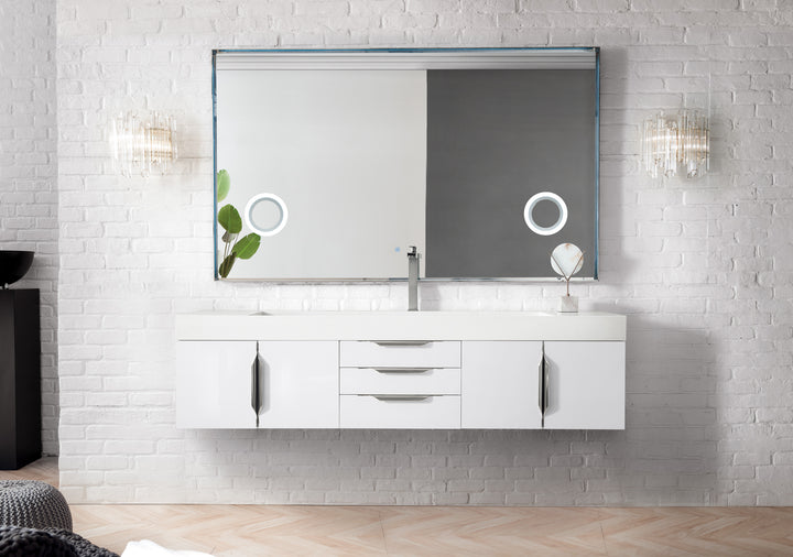 Columbia 72" Single Wall Mount Vanity, Glossy White, Brushed Nickel w/ Glossy White Composite Stone Top