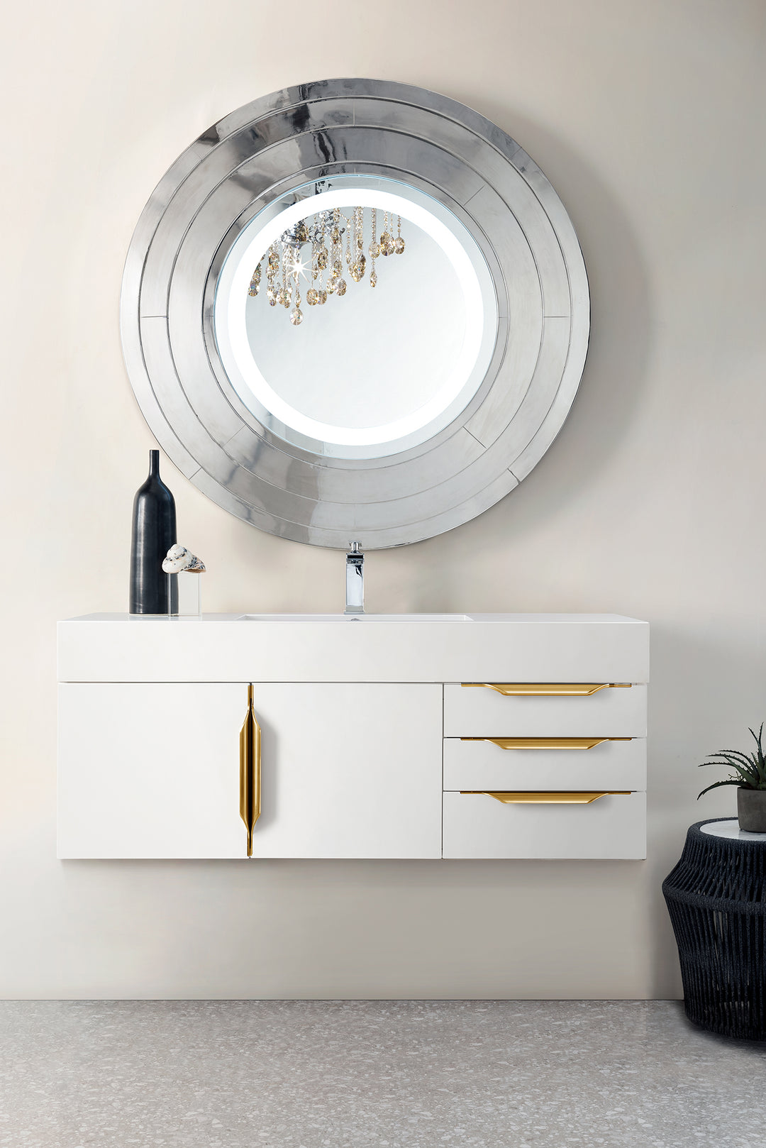 Columbia 48" Single Wall Mount Vanity, Glossy White, Radiant Gold w/ Glossy White Composite Stone Top