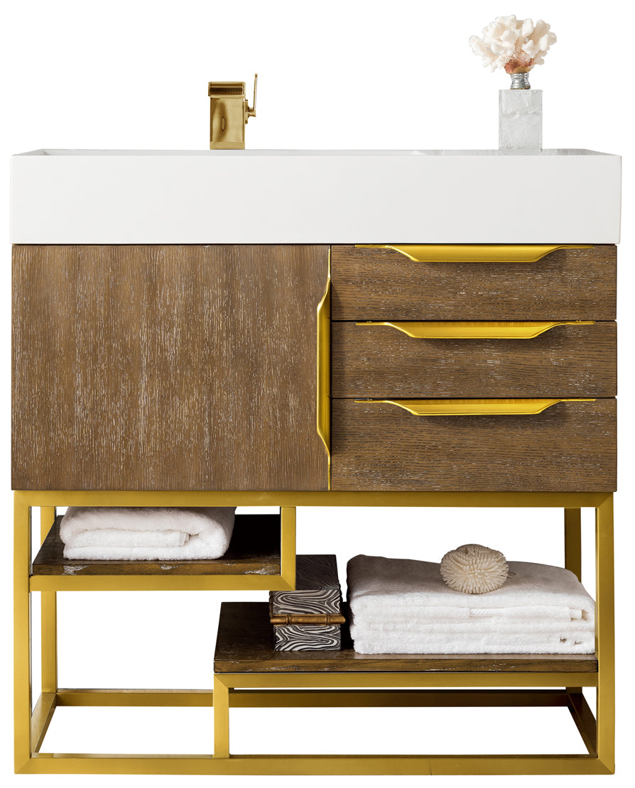 Columbia 36" Single Vanity Cabinet, Latte Oak, Radiant Gold